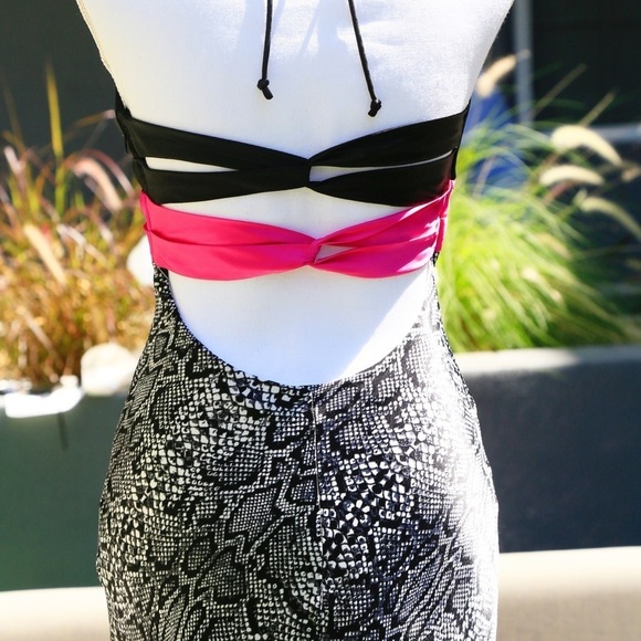 Blondie Nites ✦ Animal Print Strapless Gown ✦ Black & Pink Halter Prom Dress 3 - Picture 13 of 17